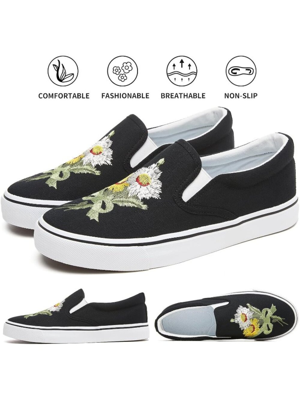 Women's Black Embroidery Flower Comfortable Low Top Slip on Loafer Sneaker Shoes - Picture 5 of 6